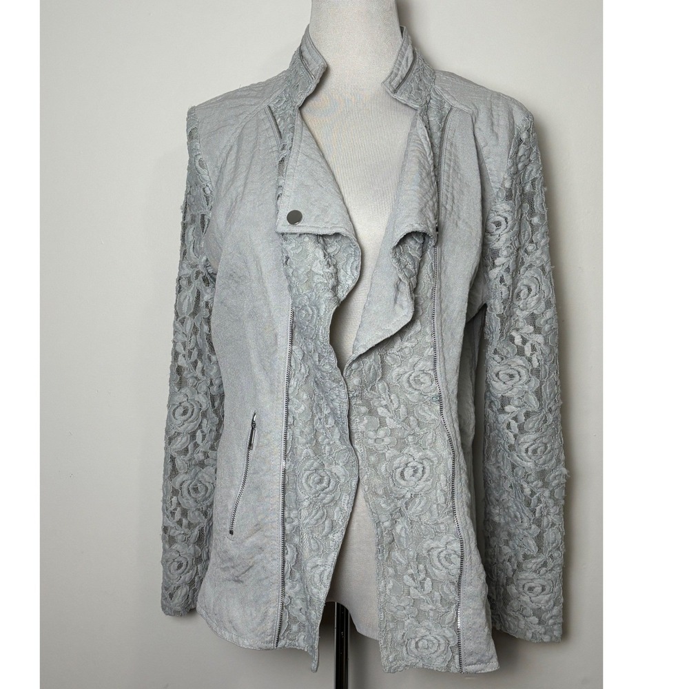 La Seine Womens VTG Sheer Lace Moto Jacket M Fairy Grunge Boho Indie Sleaze Gray